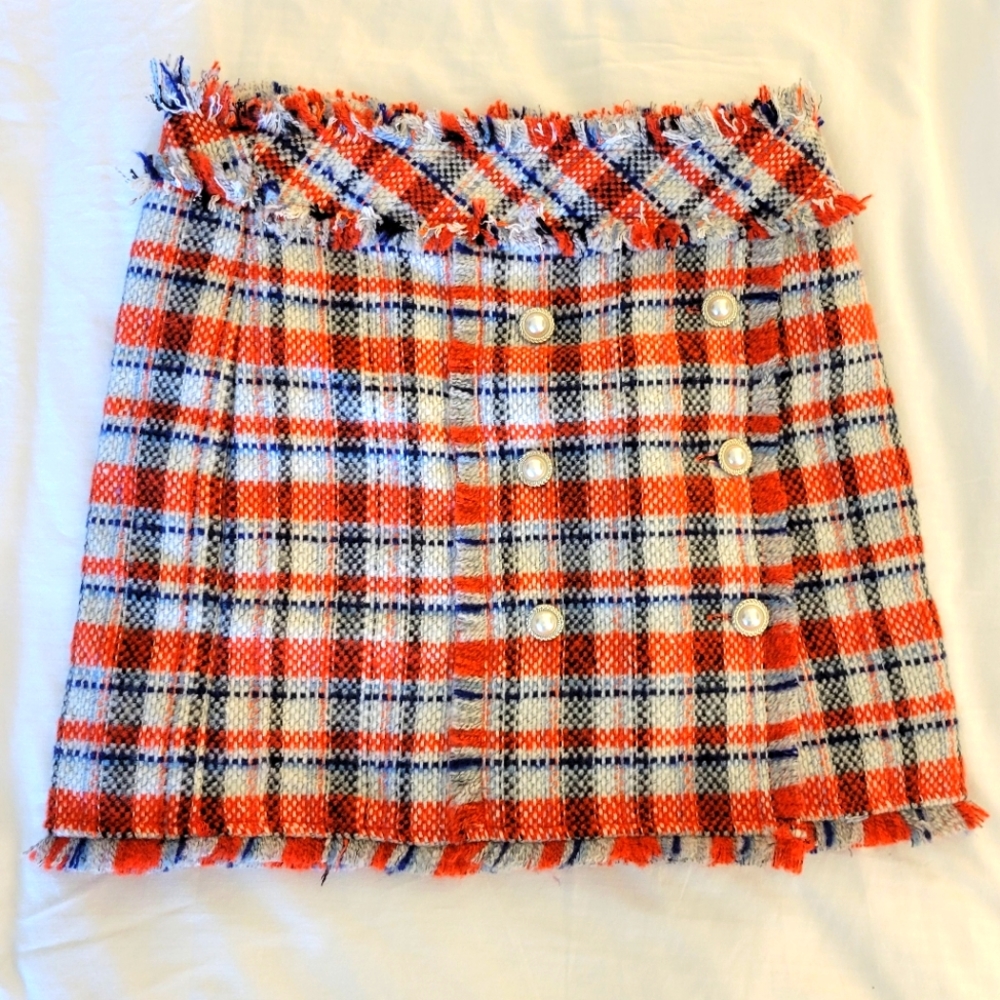Sans Souci Frayed Tweed Red, White & Blue Mini Skirt Size L